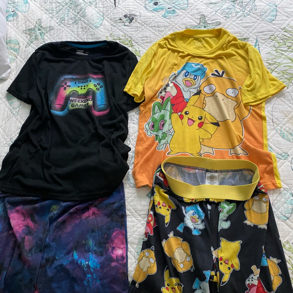 2 L size 10-12 shorts and tee pajama sets Pokémon and Cat and Jack gamer print